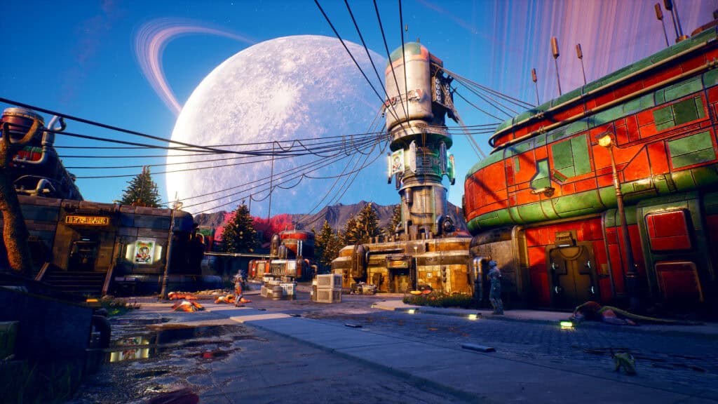 The moon looms over town in The Outer Worlds