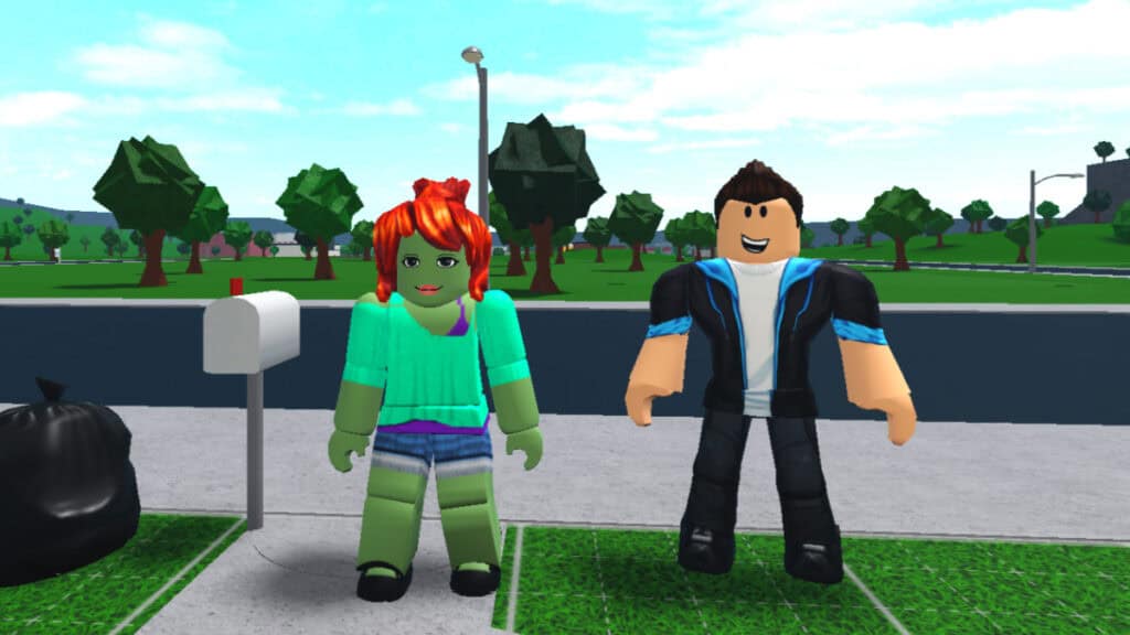 Two characters stand on the curb outside a house in Welcome to Bloxburg Roblox
