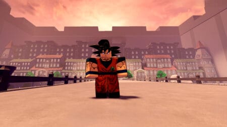 Goku stands in a city in Anime Dimensions Roblox