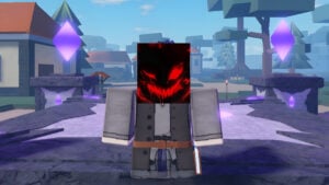 A character with a red-and-black devil face in Clover Retribution Roblox
