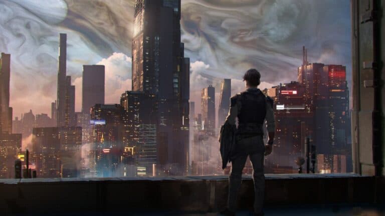 Concept art of a character looking out at a city through a large window in Exodus