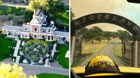 Neverland Ranch (L), Firefighters assessing Michael Jackson's former property amid the Lake Fire (R)