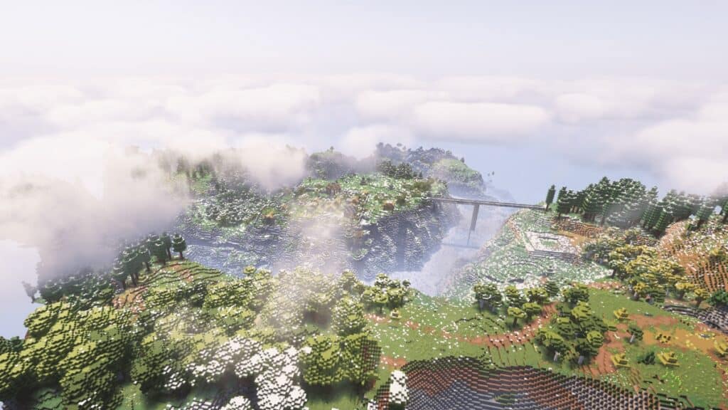 A fog-shrouded island in the Crafted Realms: Odyssey mod in Minecraft