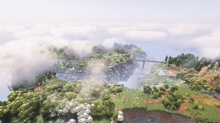 A fog-shrouded island in the Crafted Realms: Odyssey mod in Minecraft