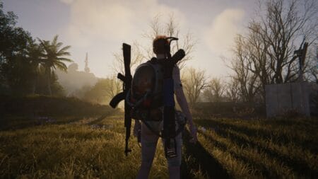 A player stands with their back turned, weapons visible, in Once Human