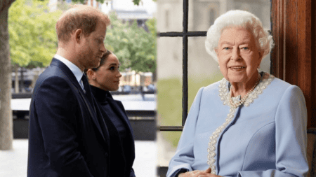Prince Harry and Meghan Markle Standing Solemnly and a Seated Queen Elizabeth