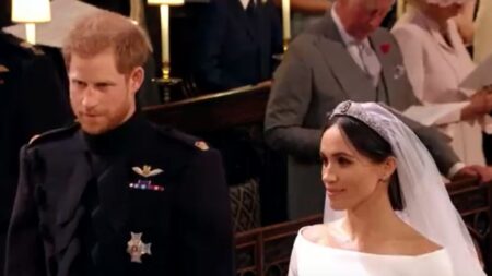 Prince Harry and Meghan Markle 2018 wedding with members of the Royal Family present.