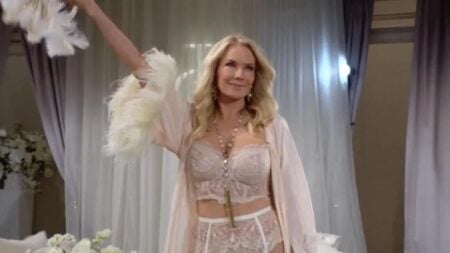The Bold and the Beautiful star Katherine Kelly Lang dressed in white lingerie for an upcoming episode.