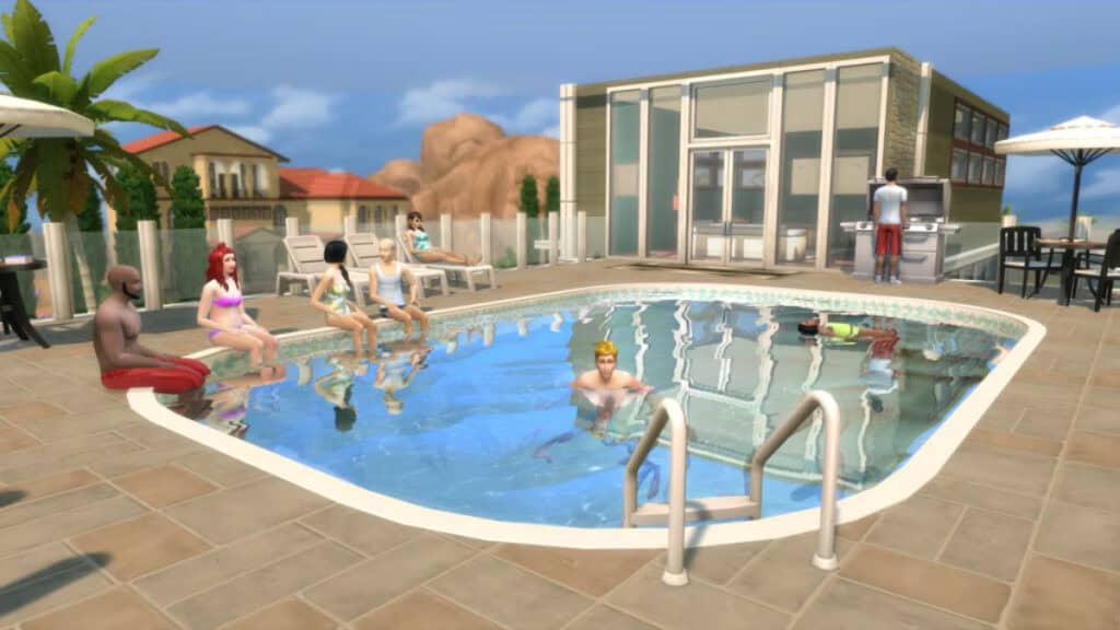 Sims socialize in a curved pool in The Sims 4